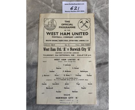 48/49 West Ham A v Norwich City ECL Football Programme: Eastern Counties League single sheet dated 23 9 1948 in very good con