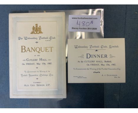 1907 Sheffield Wednesday FA Cup Final Football Menu: To commemorate winning the FA Cup held at Cutlers Hall. Banquet menu is 