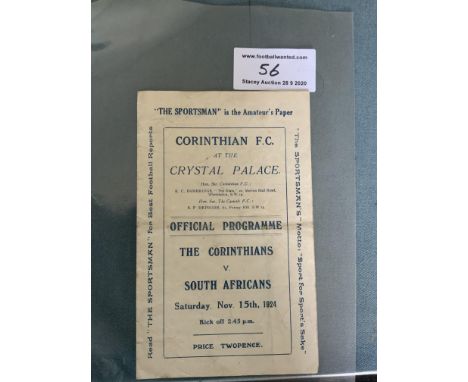 1924/25 At Crystal Palace Corinthians v South Africa Football Programme: Dated 15 11 1924 in good condition with no team chan