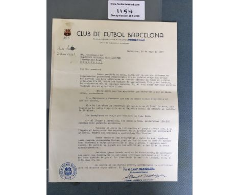 1957 Barcelona Football Letter To Blackpool: Quality large letter on Barcelonas headed paper inviting them to come to Spain. 