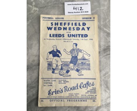 48/49 Sheffield Wednesday v Leeds United Football Programme: Good condition with no writing. Dated 11 9 1948.