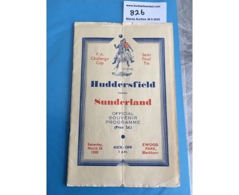 37/38 FA Cup Semi Final Football Programme: Sunderland v Huddersfield Town dated 26 3 1938. Fold and a few tiny tears to edge