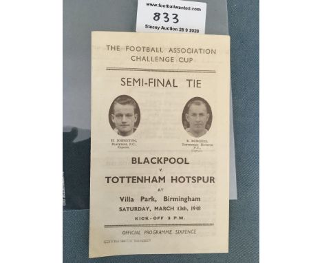 1948 FA Cup Semi Final Football Programme: Blackpool v Tottenham at Aston Villa in very good condition with no team changes. 