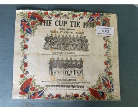 1908 FA Cup Final Football Dinner Serviette: Large decorative item with team groups of Wolverhampton Wanderers and Newcastle 