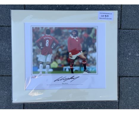 Wayne Rooney Manchester United Signed Mounted Football Print: Hand signed by Rooney who is pictured with George Best and desc