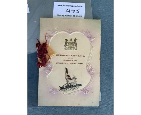 1911 Bradford City FA Cup Final Signed Menu: Dinner given by the Supporters Club held at the Victoria Hotel Bradford for winn