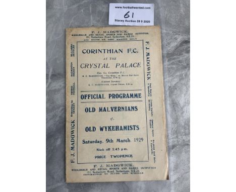 28/29 At Crystal Palace Cup Semi Final Football Programme: Arthur Dunn Cup Semi Final between Old Malvernians and Old Wykeham