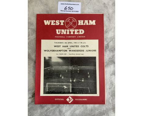 53/54 West Ham v Wolverhampton Wanderers Youth Cup Football Programme: Semi Final in excellent condition with score and score