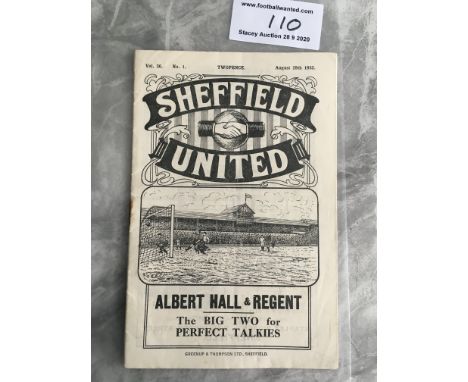 32/33 Sheffield United v Liverpool Football Programme: Excellent condition dated 29 8 1932. No team changes. Rusty staple hol