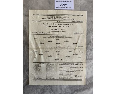 53/54 West Ham v Arsenal ECL Football Programme: Single sheet dated 29 8 1953. Good with no writing. Folding.