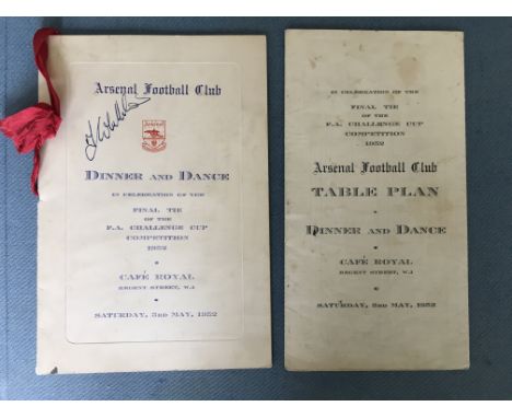 1952 Arsenal FA Cup Final Signed Menu + Memorabilia: Held the evening of the match at the Cafe Royal. Red ribboned menu has a