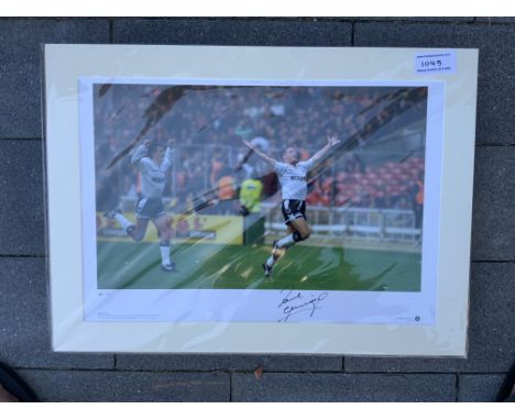 Gascoigne Tottenham Signed Mounted Football Print: Hand signed by Gazza who is pictured celebrating after scoring in the 1991