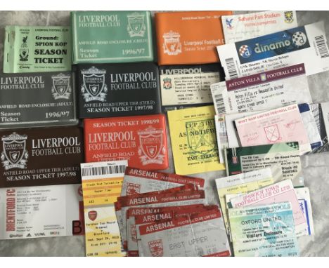 Football Ticket Collection: Includes 7 Liverpool season tickets from 89/90 to 99/00. Some late 80s Arsenal homes and a wide r