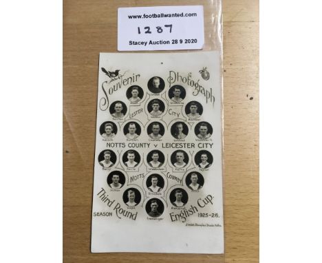 1925/26 Notts County v Leicester City Football Postcard: Excellent condition featuring portrait pictures of players involved.