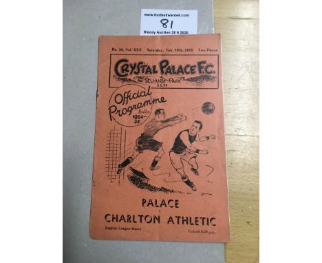 34/35 Crystal Palace v Charlton Football Programme: Dated 16 2 1935 in good condition with no writing. Rusty staples holding 