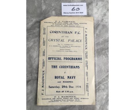 28/29 At Crystal Palace Corinthians v Royal Navy Football Programme: Four pager dated 29 12 1928 has pencilled team changes. 