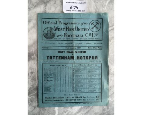 38/39 West Ham v Tottenham FA Cup Football Programme: Excellent condition with no writing. Folding.