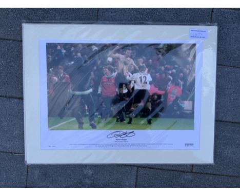 Ryan Giggs Signed Mounted Manchester United Football Print: Hand signed by Giggs who is pictured after scoring the famous 199