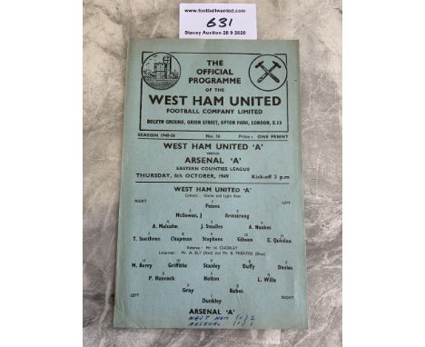 49/50 West Ham A v Arsenal ECL Football Programme: Eastern Counties League single sheet dated 6 10 1949 in excellent conditio