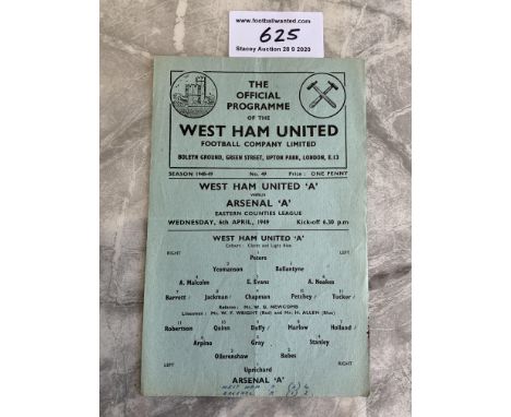 48/49 West Ham A v Tottenham ECL Football Programme: Eastern Counties League single sheet dated 6 4 1949 in very good conditi