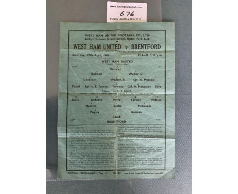 39/40 West Ham v Brentford Football Programme: League match dated 13 4 1940 in good condition with no writing. Folds.