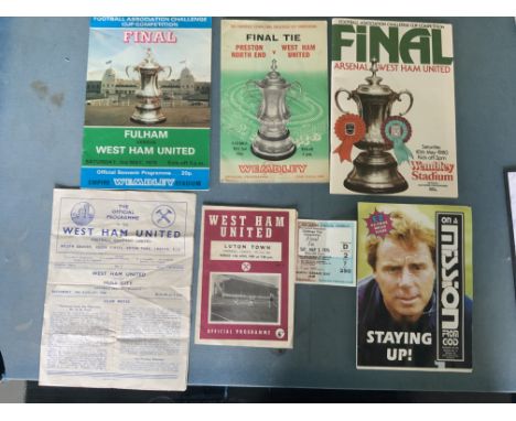 West Ham Football Programmes + Ticket: 1975 FA Cup Final ticket. C/W Final programmes for 64 75 and 80 plus home match v 50/5