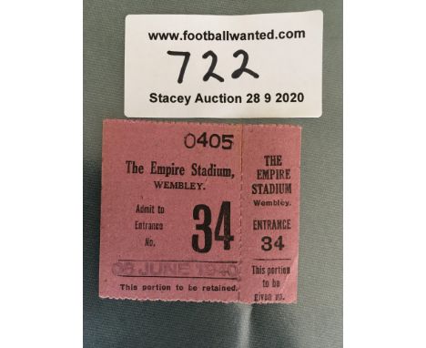 1940 Cup Final Football Ticket Blackburn Rovers v West Ham: Very rare pink ticket with counterfoil still attached. Date stamp