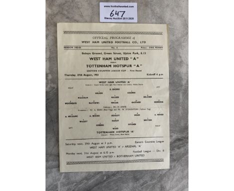 53/54 West Ham v Tottenham ECL Cup Football Programme: Single sheet dated 27 8 1953. Good with no writing. Folding. Played on