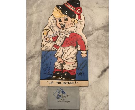 1947 Manchester United Squad Signed Football Calendar: 10 inch high cardboard character dressed in Man Utd kit and hat with U