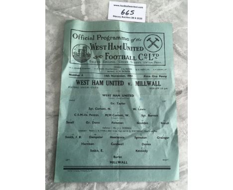42/43 West Ham v Millwall Football Programme: Good condition with creasing but no writing dated 14 11 1942.
