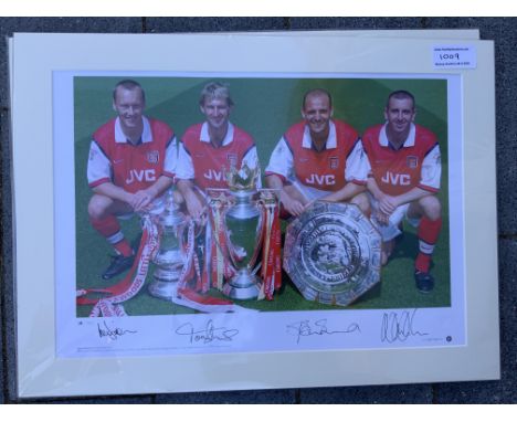 Arsenal Back 4 Signed Mounted Football Print: Hand signed by Dixon Adams Bould and Winterburn who are pictured with trophyâ€™