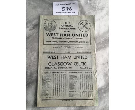 49/50 West Ham v Celtic Football Programme: Fair/good condition friendly with two neat team changes inside. Small professiona