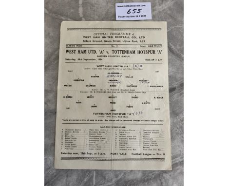 54/55 West Ham A v Tottenham ECL Football Programme: Eastern Counties Eagle dated 18 9 1954. Single sheet has team changes an