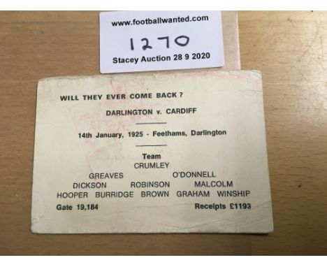 1925 Cardiff City Memorandum FA Cup Postcard: Issued by Darlington after a draw in the FA Cup on 14 1 1925. States Will they 