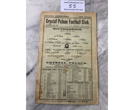 1916/17 Crystal Palace v Southampton Football Programme: Dated 25 12 1916 in fair condition with no team changes. Single shee