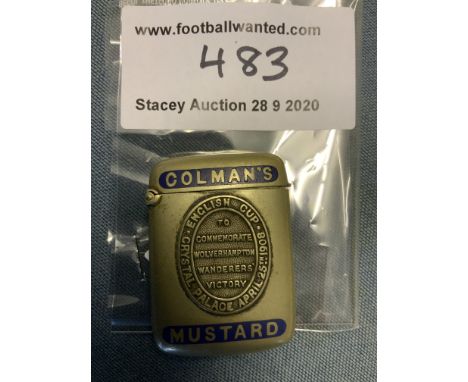 1908 Wolverhampton Wanderers FA Cup Final Metal Match Holder: Colmans Mustard Hinged match holder with wording To Commemorate