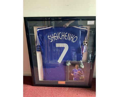 Chelsea Shevchenko Match Issued Framed Football Shirt: Blue short sleeve Champions League shirt signed to rear and enclosed p