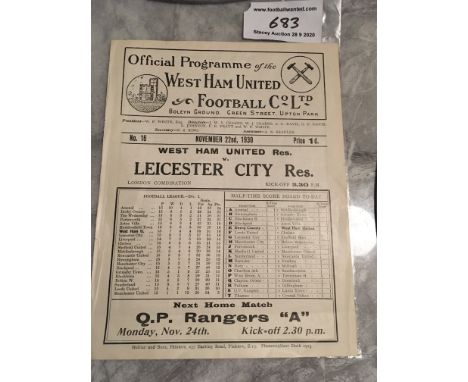 30/31 West Ham Reserves v Leicester City Football Programme: London Combination near mint condition ex bound 4 pager without 