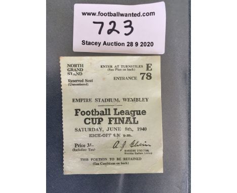 1940 Cup Final Football Ticket Blackburn Rovers v West Ham: Hard to obtain green ticket. The words one seat neatly written to