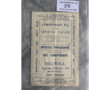 29/30 Corinthians v Millwall FA Cup Football Programme: Played at Crystal Palace on 11 1 1930. 4 pager is good with no writin