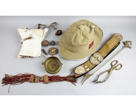 Collection of various items to include, M.T.E toasting fork, Italian Officer's cross belt, trench art ashtray, grape shot, Ro