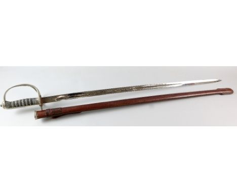 Elizabeth II Officers Dress sword and scabbard, length of blade 86cm, Wilkinson blade  no 73987, brown leather scabbard.     