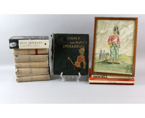 Captain Seccombe, Army and Navy Drolleries, other books and a watercolour of a Trooper sixth Inerskillens.     