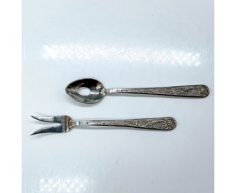 A set of 2 silver utensils handle adorned with filigree. Fork: 5"L x 0.75"W x 0.5"H. Spoon: 5.25"L x 1"W x 0.5"H. Condition: 