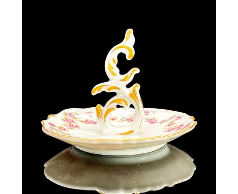 Hand painted ring holder dish with pink flowers; gold accents and rim. Elite France backstamp. Dimensions: 3.25"H x 4"diaManu