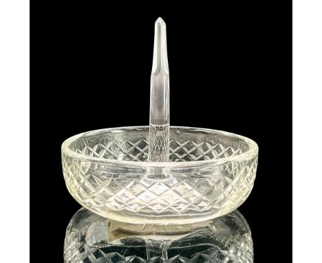 Clear glass ring holder dish with cut crisscross lines pattern. Dimensions: 3.5"H x 3.5"diaCondition: Age related wear.