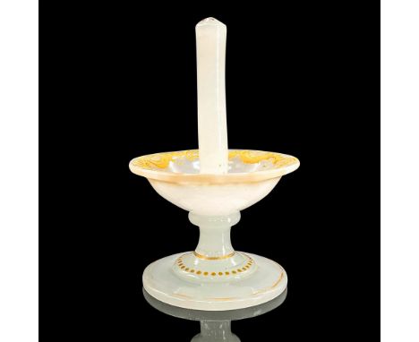 Glass ring holder dish with scroll design and gold accents. Dimensions: 5"H x 3"diaCondition: Age related wear.