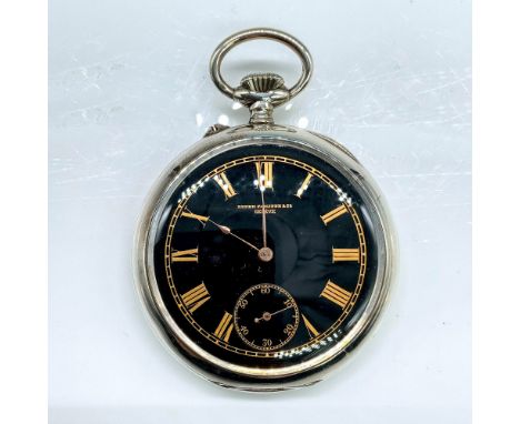 Handsome silver pocket watch with a black face and 18k rose gold leaf shaped hours/minutes hands and 18k rose gold small seco