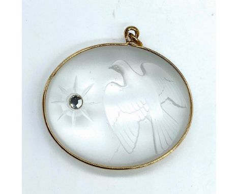 Vintage Lalique for Nina Ricci Dove of Peace Pendant. Raised depiction of a bird on frosted crystal with a brilliant clear cr