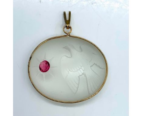 Vintage Lalique for Nina Ricci Dove of Peace Pendant. Raised depiction of a bird on frosted crystal with a brilliant pink cry